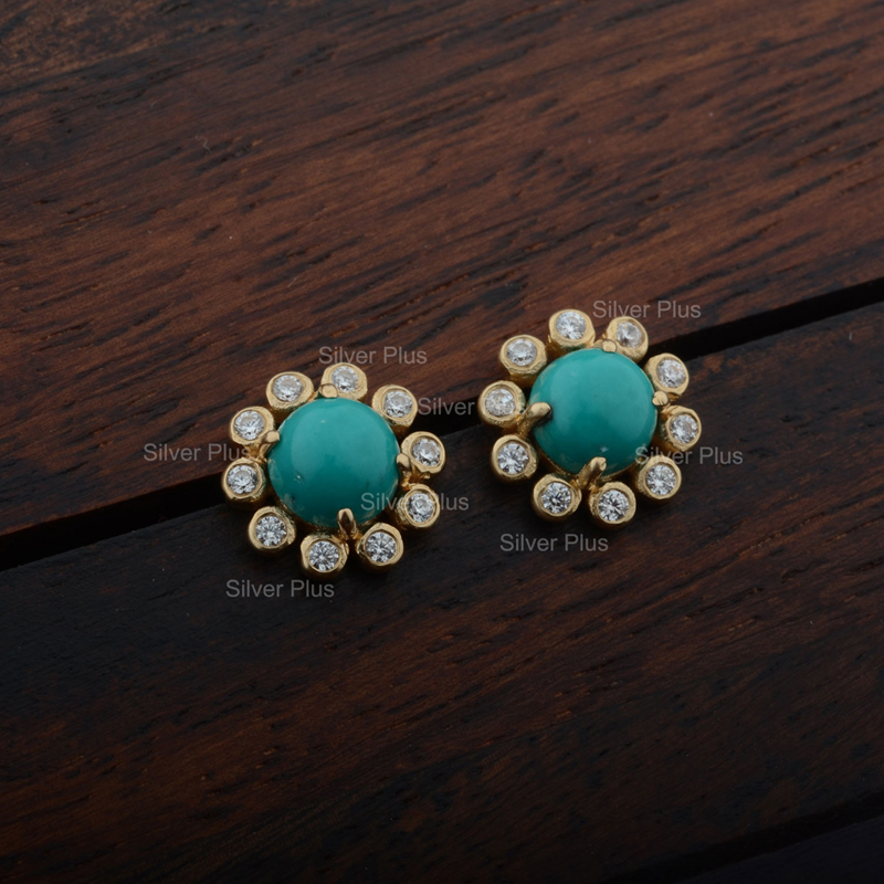Natural Geometric Arizona Turquoise Gemstone Diamond Mini Stud Earrings Solid 14K Yellow Gold Minimalist Delicate Earrings Self Gift