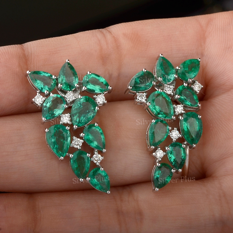 Wedding Earrings, 18K White Gold Earrings, Diamond Emerald Earrings,  Emerald Cluster Earrings, Green Emerald Earrings, Unique Leaf Earrings,  Statement Earrings