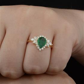 Emerald Cluster Diamond Halo Solid Gold Ring