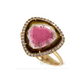 14K solid gold real diamond and watermelon tourmaline ring