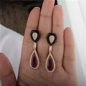 18K Gold Pink Tourmaline Black Onyx Diamond Earrings