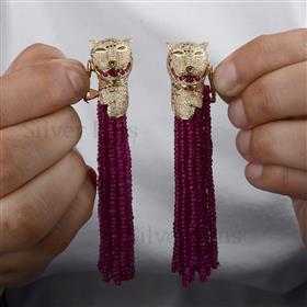 18K Gold Ruby Beads Diamond Panther Earrings
