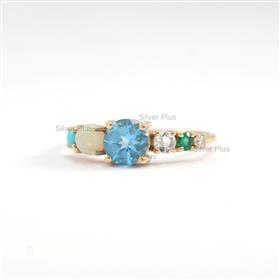Genuine Emerald,Opal,Turquoise,Blue Topaz Diamond Ring Solid 14K Yellow Gold