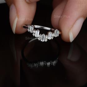 Natural Baguette Diamond Chevron Ring Solid 14K White Gold Handmade Jewelry