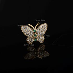 Genuine Emerald Diamond Butterfly Studs Solid 14K Yellow Gold Earrings