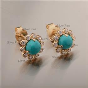 Natural Turquoise Diamond Floral Stud Earrings Solid 14K Yellow Gold