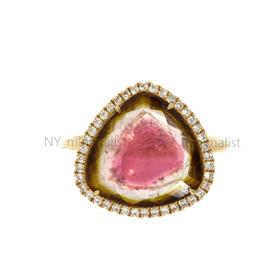 14K solid gold real diamond and watermelon tourmaline ring