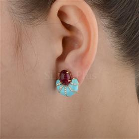 18K Gold Pink Tourmaline Turquoise Diamond Stud Earrings