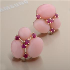 Genuine Pink Opal Ruby Gemstone Flower Stud Earrings in Solid 14K Yellow Gold