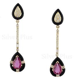 14K Gold Pink Tourmaline Black Onyx Diamond Earrings