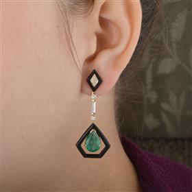 18K Gold Emerald Black Onyx Diamond Earrings