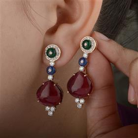 18K Gold Pink Tourmaline Blue Sapphire Emerald Diamond Earrings