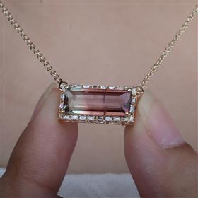 Baguette diamonds watermelon tourmaline 14K Gold Necklace