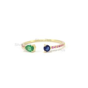Genuine Ruby,Emerald,Blue Sapphire Cuff Band Ring Solid 14K Yellow Gold Jewelry
