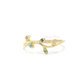 Genuine Multi Sapphire Wave Band Leaf Ring Solid 14K Yellow Gold Jewelry