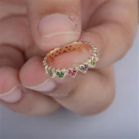 Genuine Multi Sapphire Heart Eternity Ring Solid 14K Yellow Gold Minimalist Jewelry