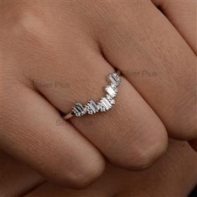 Natural Baguette Diamond Chevron Ring Solid 14K White Gold Handmade Jewelry