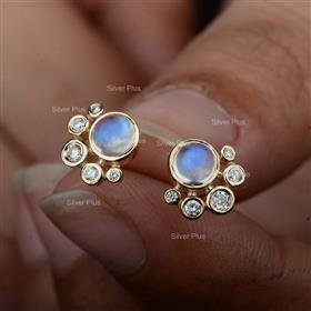 Genuine Moonstone Gemstone Diamond Studs Solid 14K Yellow Gold Earrings MInimalist
