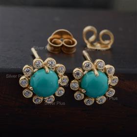 Natural Turquoise Diamond Floral Stud Earrings Solid 14K Yellow Gold